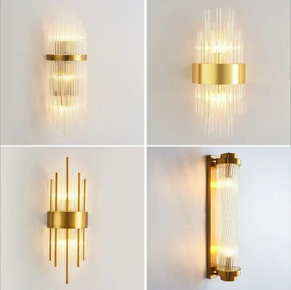 Modern gold led wall sconce with clear glass rods in vertical cascades for bedroom lighting
