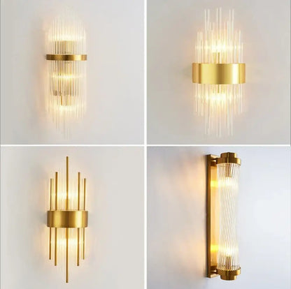 Modern gold led wall sconce with clear glass rods in vertical cascades for bedroom lighting