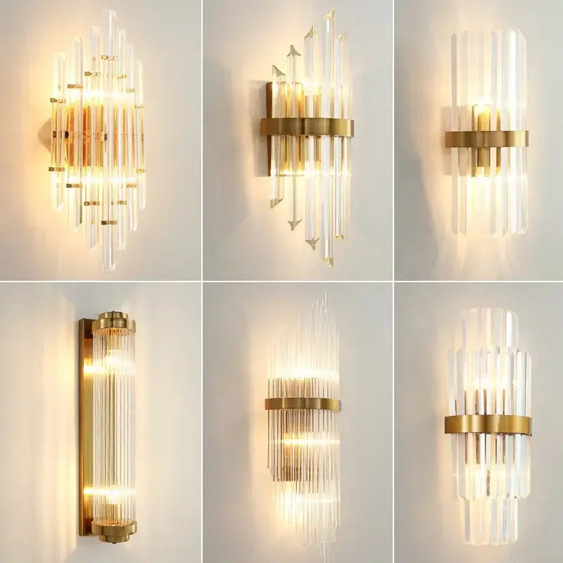 Modern gold led wall sconce with clear glass rod clusters illuminated by warm light for bedroom lighting