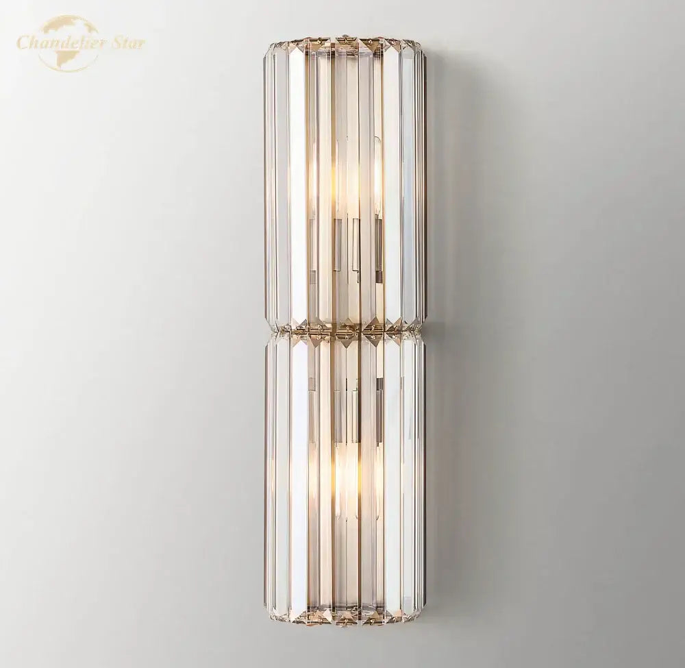 Modern gold crystal led wall sconce with vertical faceted glass panels and gold-toned metal accents by decorbites