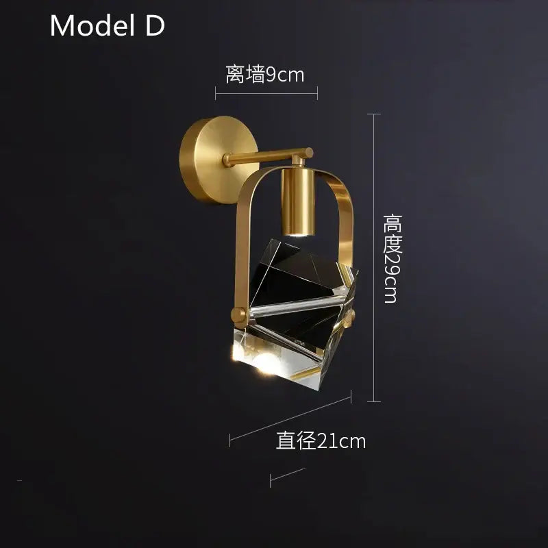 Modern gold crystal led wall sconce with geometric faceted crystal shade for luxury bedroom decorbites crystal led wall