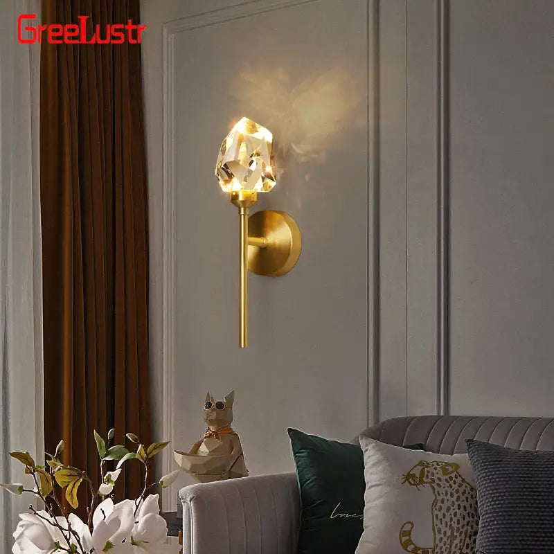 Modern gold crystal led wall sconce with faceted lampshade for luxury bedroom decorbites crystal led lighting
