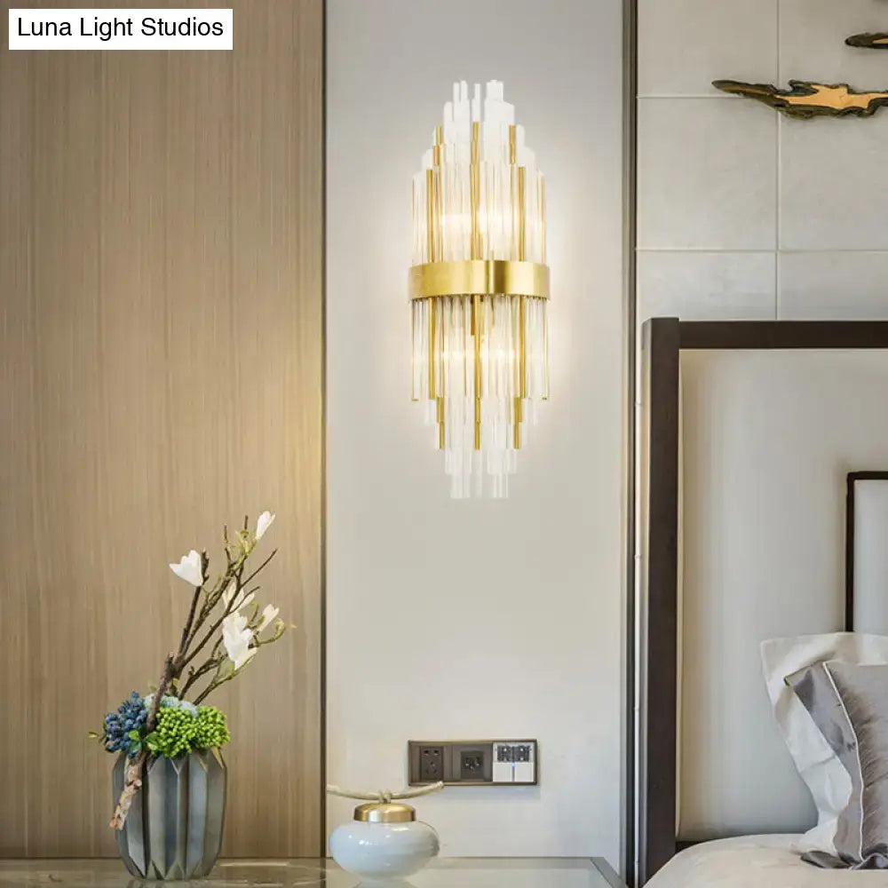 Modern gold crystal led wall sconce with vertical glass rods and brass ring for living room 220v 240v use