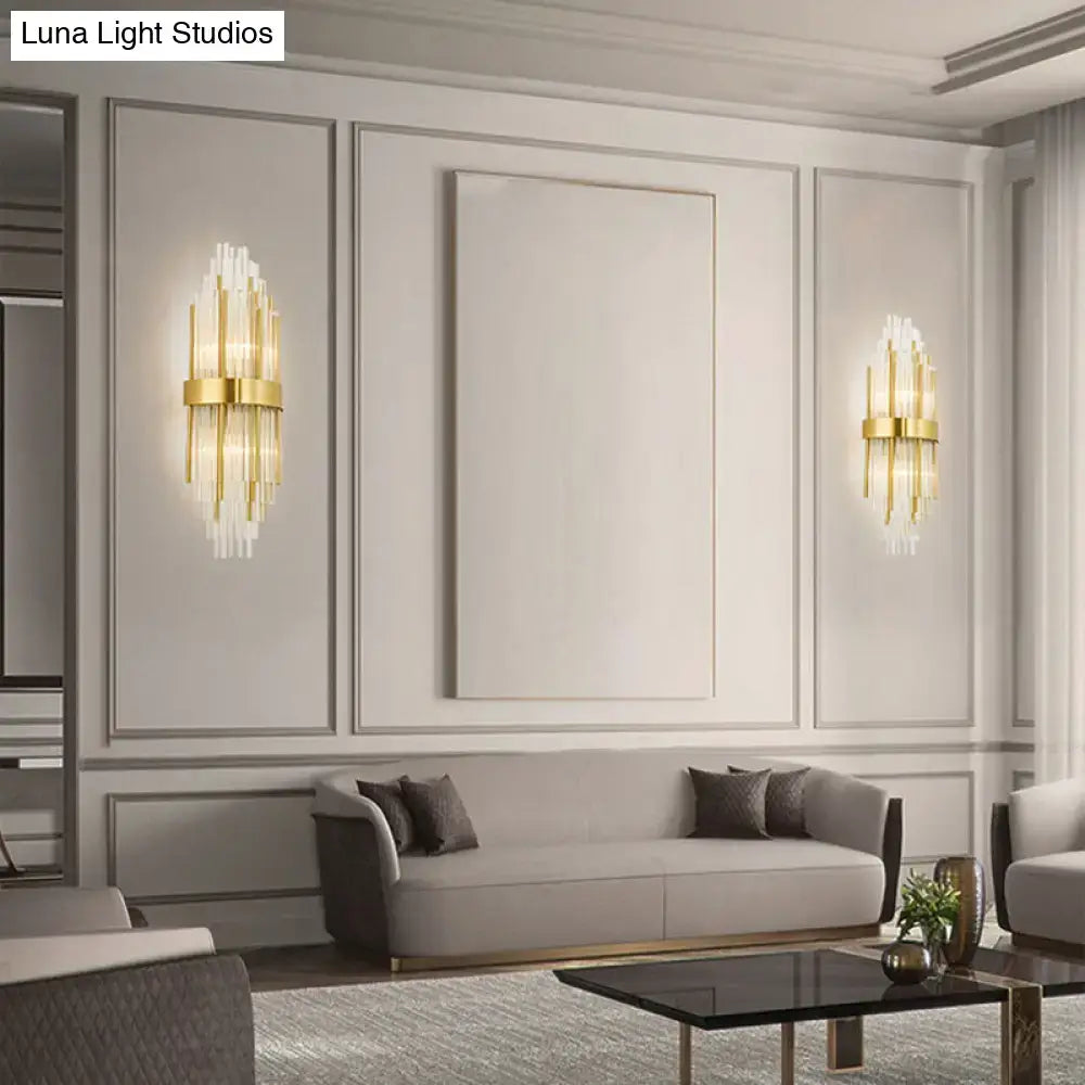 Modern gold crystal led wall sconce with vertical crystal accents suitable for 220v-240v and 110v-120v incandescent fluorescent use