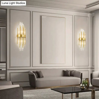 Modern gold crystal led wall sconce with vertical crystal accents suitable for 220v-240v and 110v-120v incandescent fluorescent use