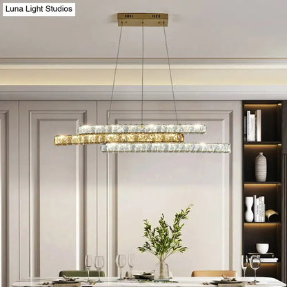 Modern DecorBites gold linear island pendant light with clear and gold crystal accents and brass finish ceiling mount
