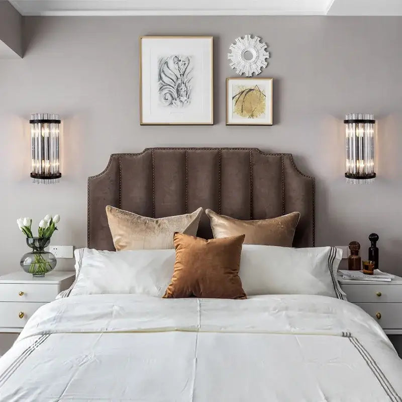 Brown tufted velvet headboard with nailhead trim paired with modern gold crystal luxury wall lamp bedroom sconce decorbites crystal luxury wall