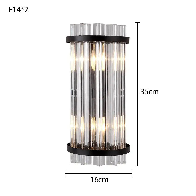 Modern gold crystal luxury wall lamp with clear glass tubes and black metal rings featuring two e14 bulbs warm glow decorbites crystal luxury wall