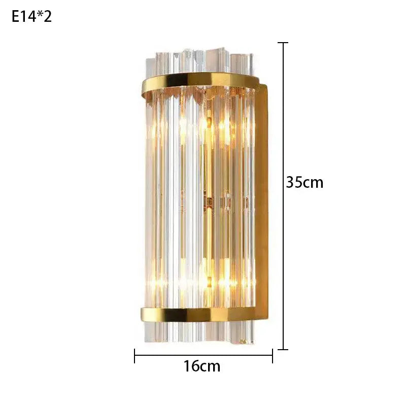 Modern gold wall lamp with vertical crystal rods featuring decorbites crystal luxury design for elegant bedroom decor
