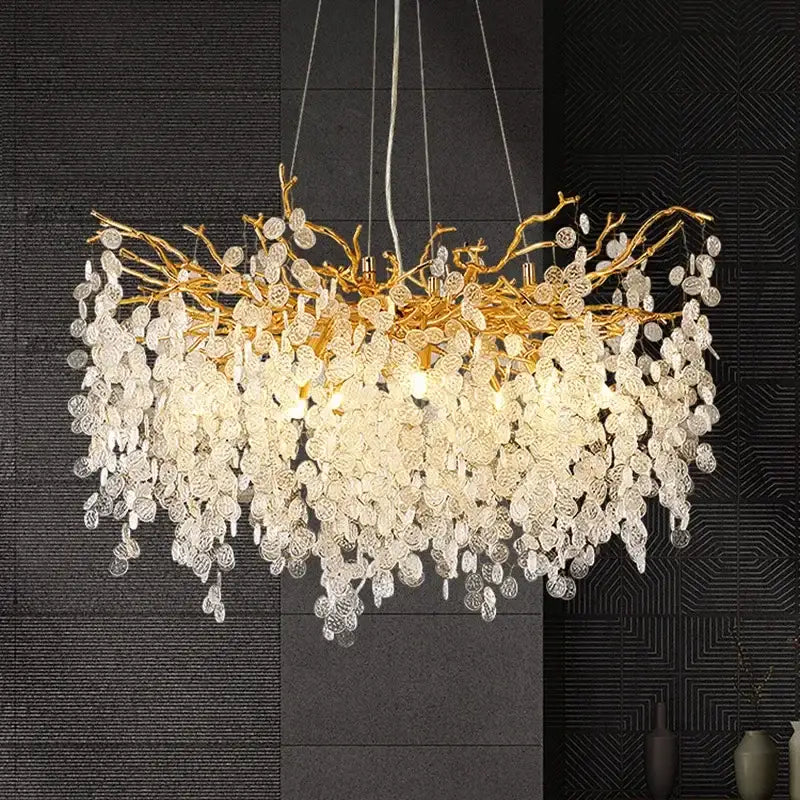 Elegant gold crystal money tree chandelier with cascading clear glass leaf ornaments for modern living room decorbites crystal money lighting