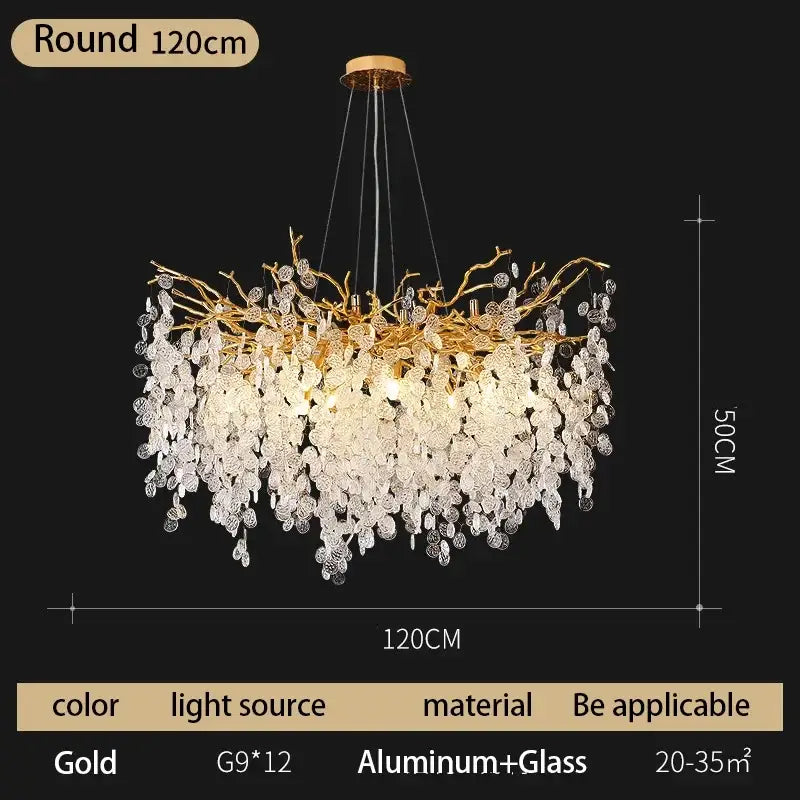 Modern gold crystal money tree chandelier with a gold-toned aluminum frame and cascading clear glass crystals for living room decor