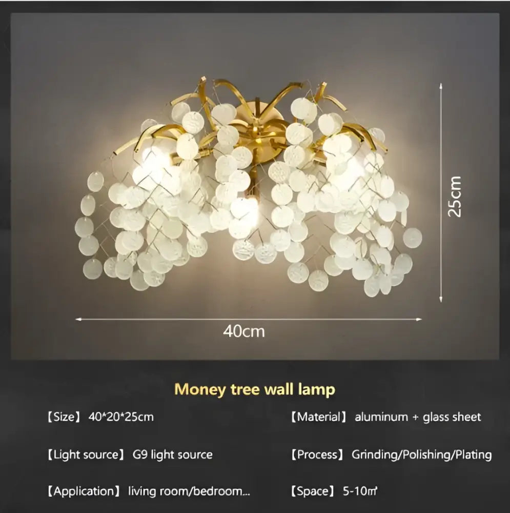 Modern gold crystal money tree chandelier with gold-toned frame and dangling white glass discs for living room decorbites crystal money lighting