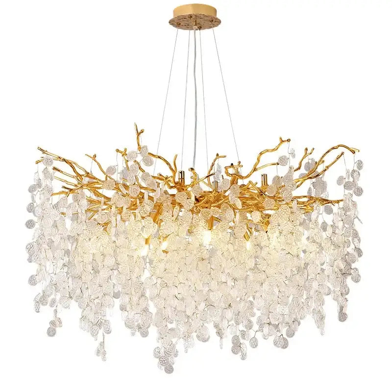 Modern gold crystal money tree chandelier with intricate branch metalwork and cascading clear crystal leaves for living room decorbites crystal money