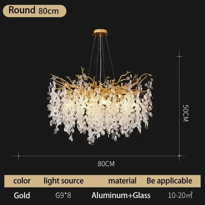 Modern gold crystal money tree chandelier featuring a gold-toned aluminum frame with cascading clear glass crystals for living room decorbites crystal money style