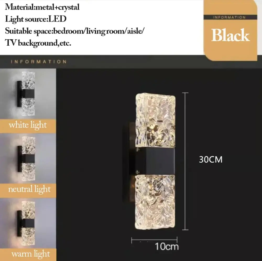 Modern gold crystal nordic led wall sconce with black crystal textured faceted glass panels and sleek metal base for decorbites crystal nordic lighting