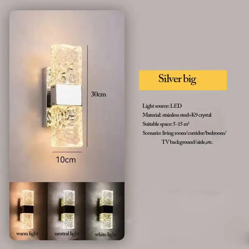 Silver led wall sconce with textured k9 crystal and stainless steel accents for modern decorbites crystal nordic lighting