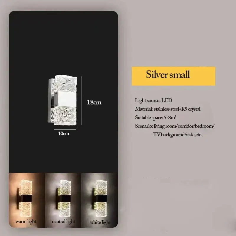 Modern gold crystal nordic led wall sconce with silver textured k9 crystal and stainless steel frame in warm neutral white light