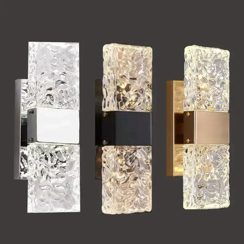 Three modern nordic led wall sconces with gold crystal textured glass and chrome black gold metallic backplates for decorbites crystal nordic bedroom light