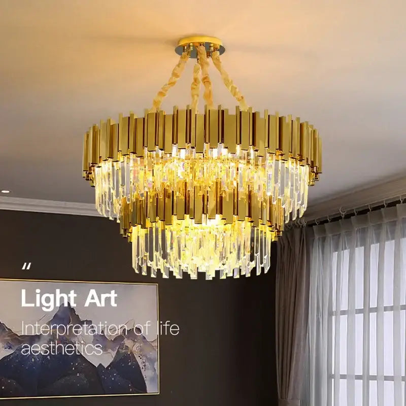 Modern gold crystal oval ceiling chandelier with cascading crystal prisms and twisted brass chains for living room decorbites crystal oval