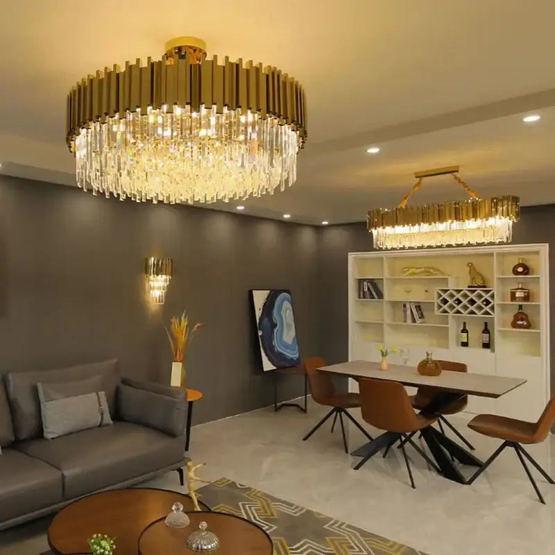 Modern gold crystal oval ceiling chandelier with gold-toned frame and cascading crystal droplets for living room decorbites crystal oval lighting