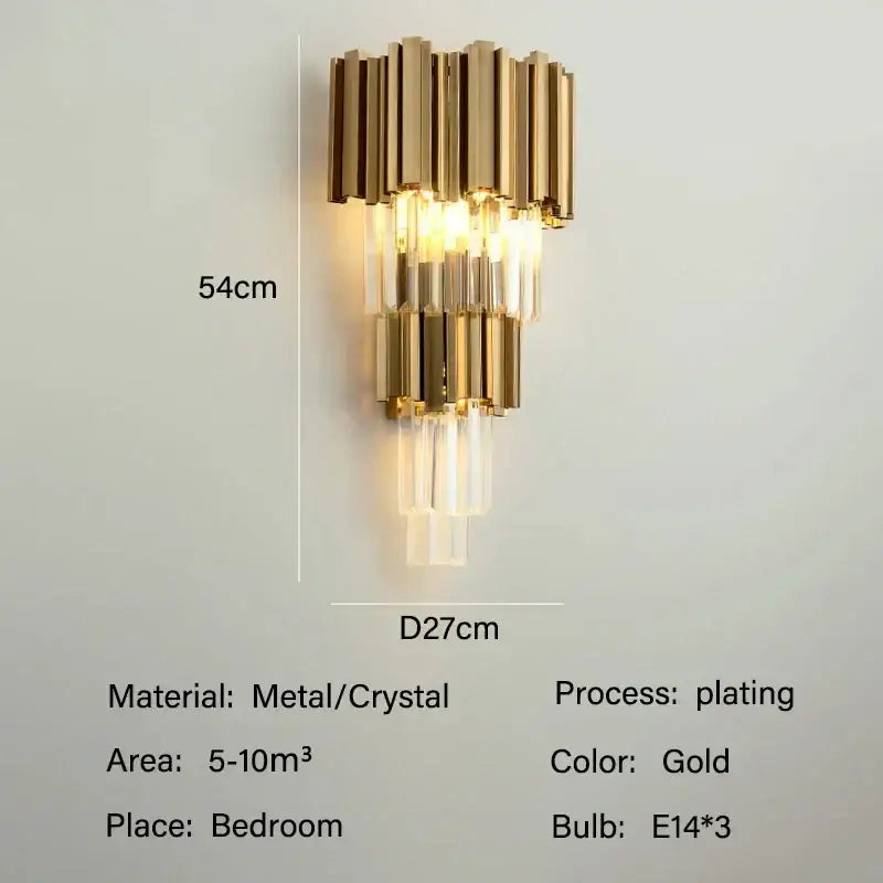 Modern gold crystal oval ceiling chandelier featuring a gold-plated metal and crystal tiered cylindrical wall sconce design