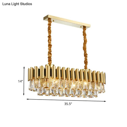 Decorbites™ gold crystal chandelier with vertical rods and dangling crystals for elegant oval dining room lighting