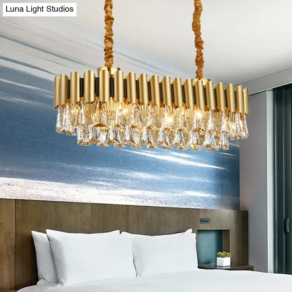 DecorBites™ gold crystal chandelier with 12 heads and vertical rods for elegant oval dining room lighting