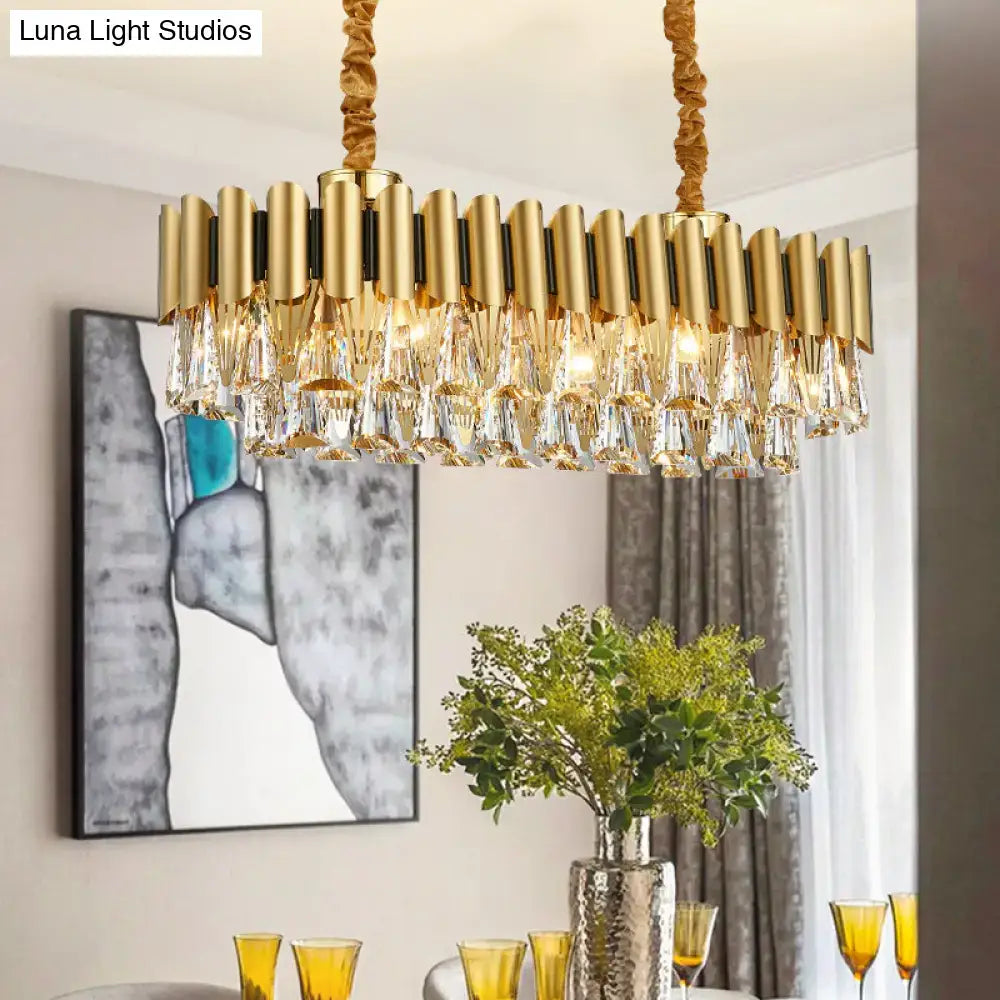 Gold-toned decorbites™ crystal chandelier with 12 heads and twisted rope chain for elegant oval dining room lighting