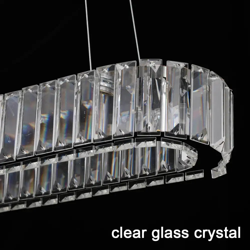 Modern gold crystal oval led chandelier with clear glass crystal faceted prisms in a curved double-tiered design