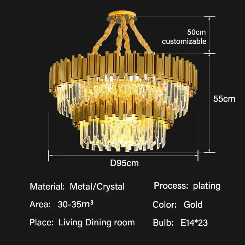 Modern gold crystal oval round chandelier with gold plating and cascading crystal rods for elegant dining room decorbites crystal oval