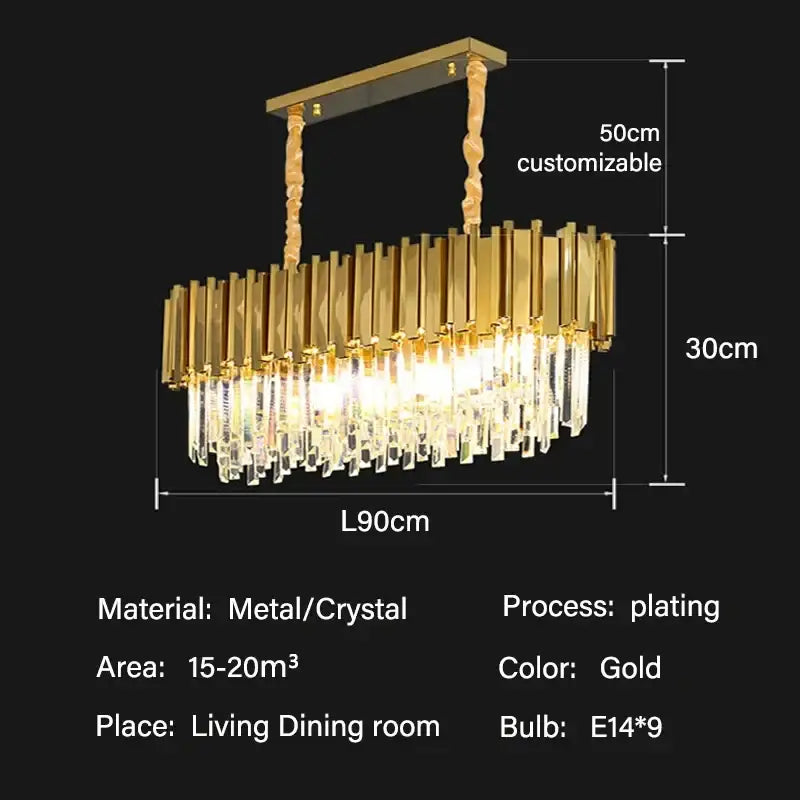 Modern gold crystal oval round chandelier with gold-plated metal and cascading clear crystals for dining room decorbites crystal oval