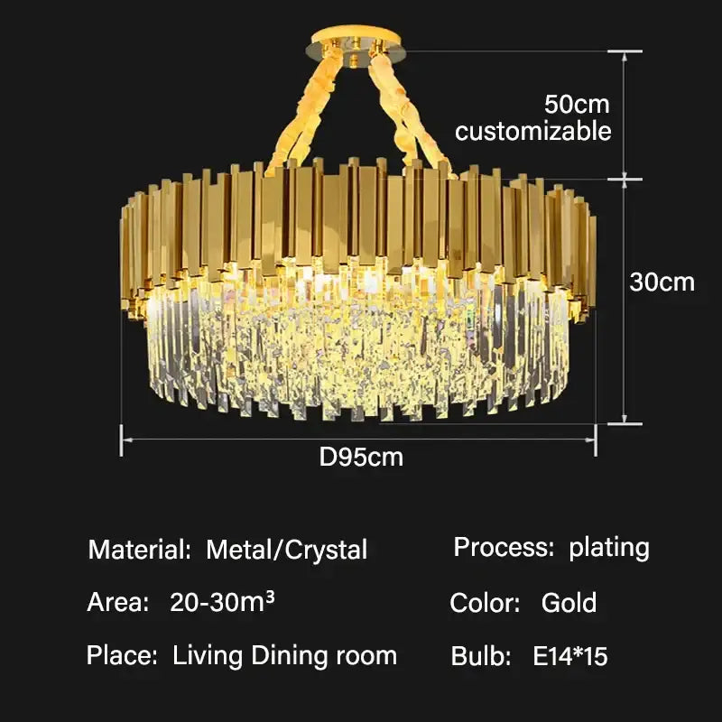 Modern gold crystal oval round chandelier with gold-plated metal vertical bars and hanging crystals for dining room decorbites crystal oval