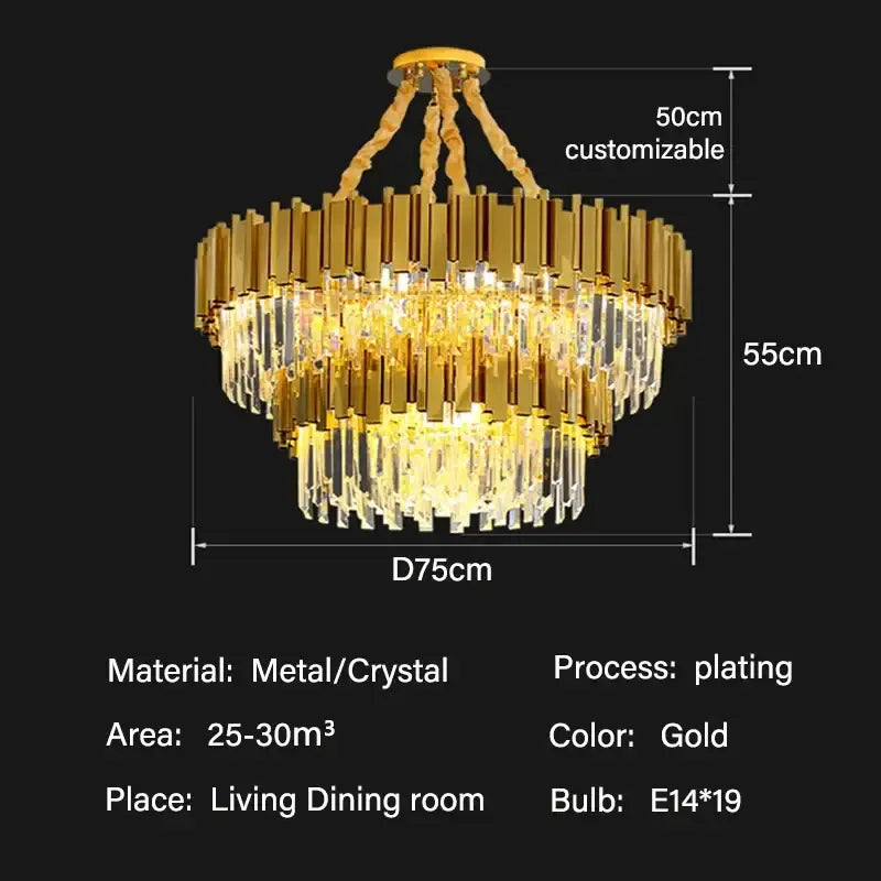 Modern gold crystal oval round chandelier with gold-plated metal and tiered cylindrical crystal design for dining room decorbites crystal oval