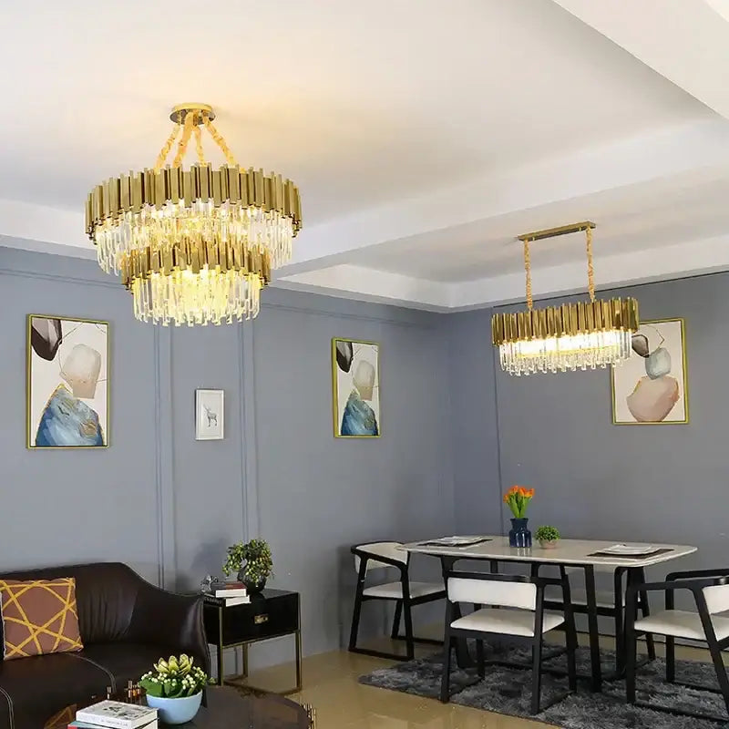 Modern gold crystal oval round chandelier with gold-toned frame and cascading crystal tiers for dining room decorbites crystal oval