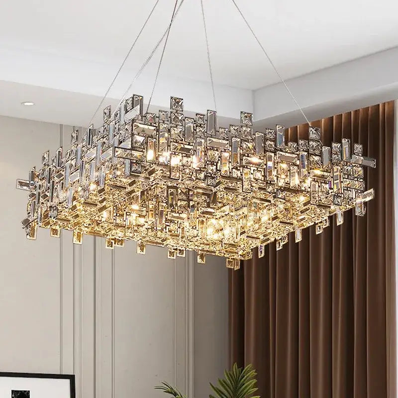 Modern gold crystal pendant chandelier with clear and gold-toned prisms for dining room decorbites crystal pendant