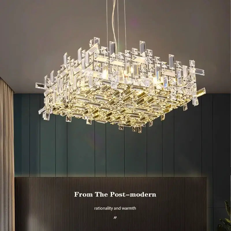 Modern gold crystal pendant chandelier with geometric rectangular frame and cascading glass for dining room decorbites crystal pendant