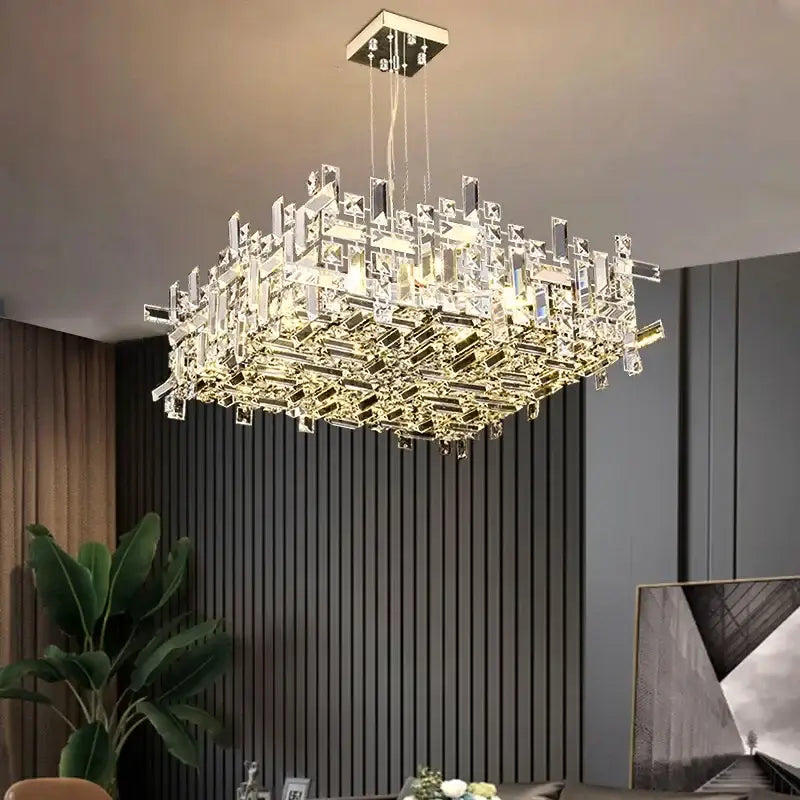 Modern gold crystal pendant chandelier featuring a square metallic frame with hanging glass prisms for dining room decorbites crystal pendant
