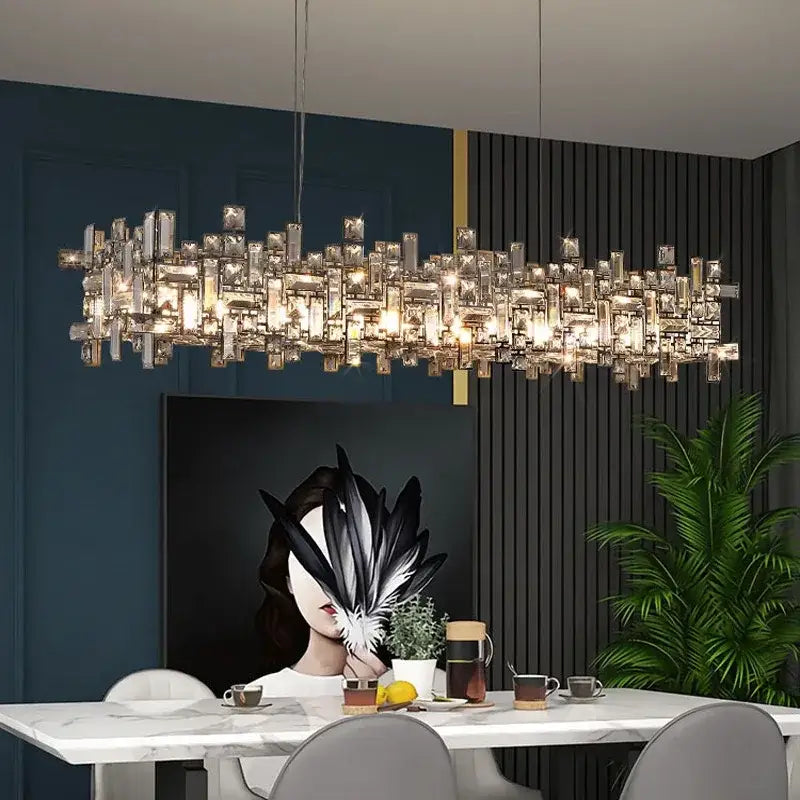 Modern gold crystal pendant chandelier featuring clear crystal prisms in a layered design for dining room decorbites crystal pendant