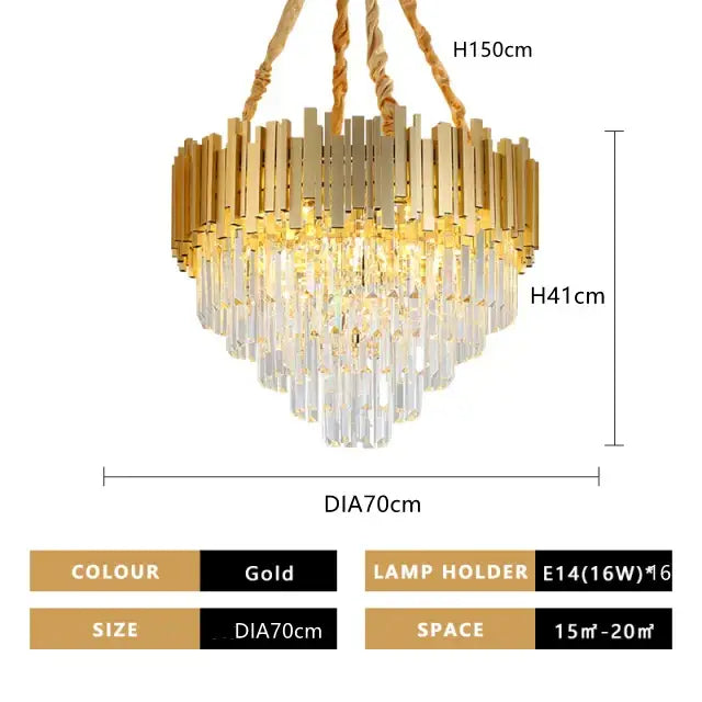 Modern gold crystal pendant chandelier with tiered brass bars and cascading prisms for elegant dining room decorbites crystal pendant