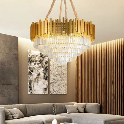 Modern gold crystal pendant chandelier with cascading tiered droplets in a geometric design for dining room decorbites crystal pendant