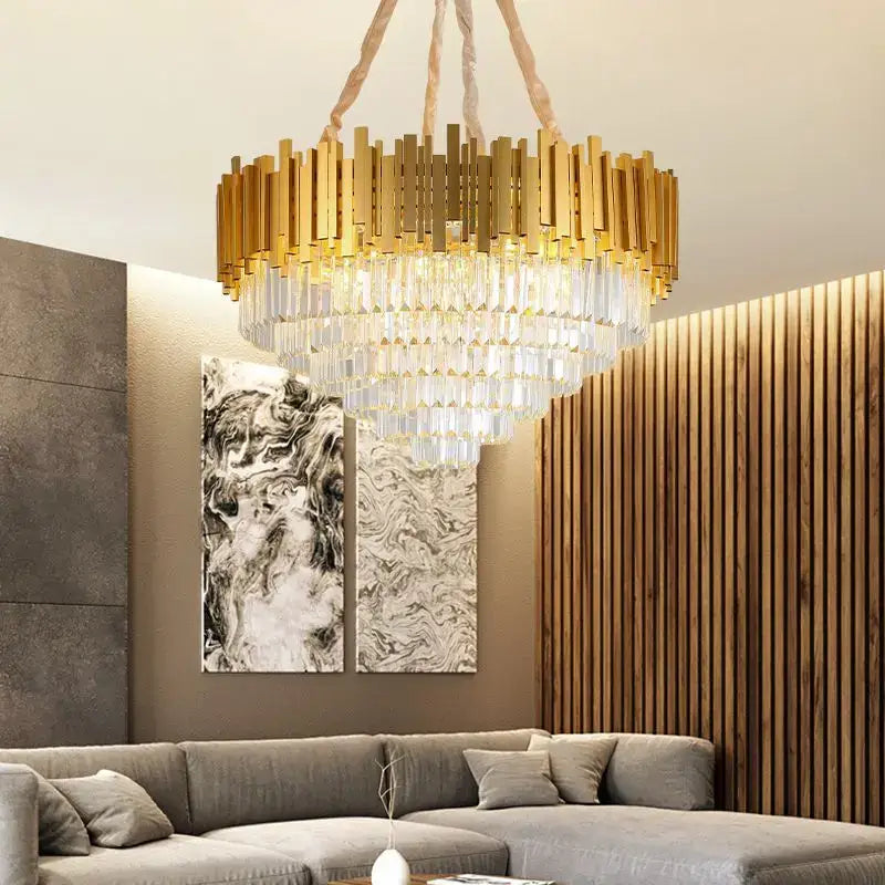 Modern gold crystal pendant chandelier with cascading tiered droplets in a geometric design for dining room decorbites crystal pendant
