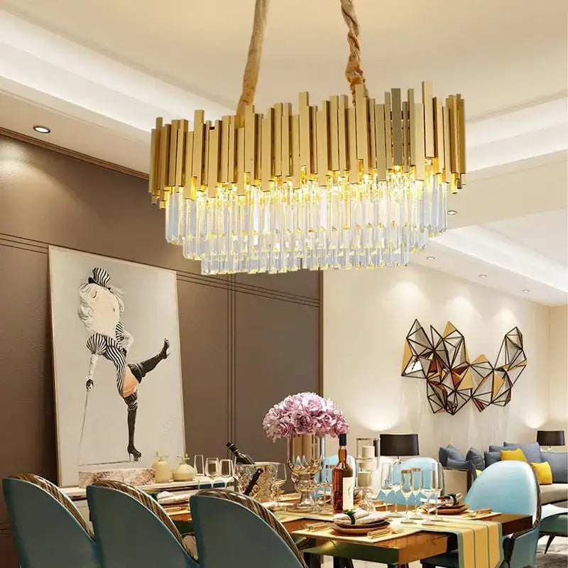 Modern gold crystal pendant chandelier with vertical bars and tiered hanging droplets for dining room decorbites crystal pendant