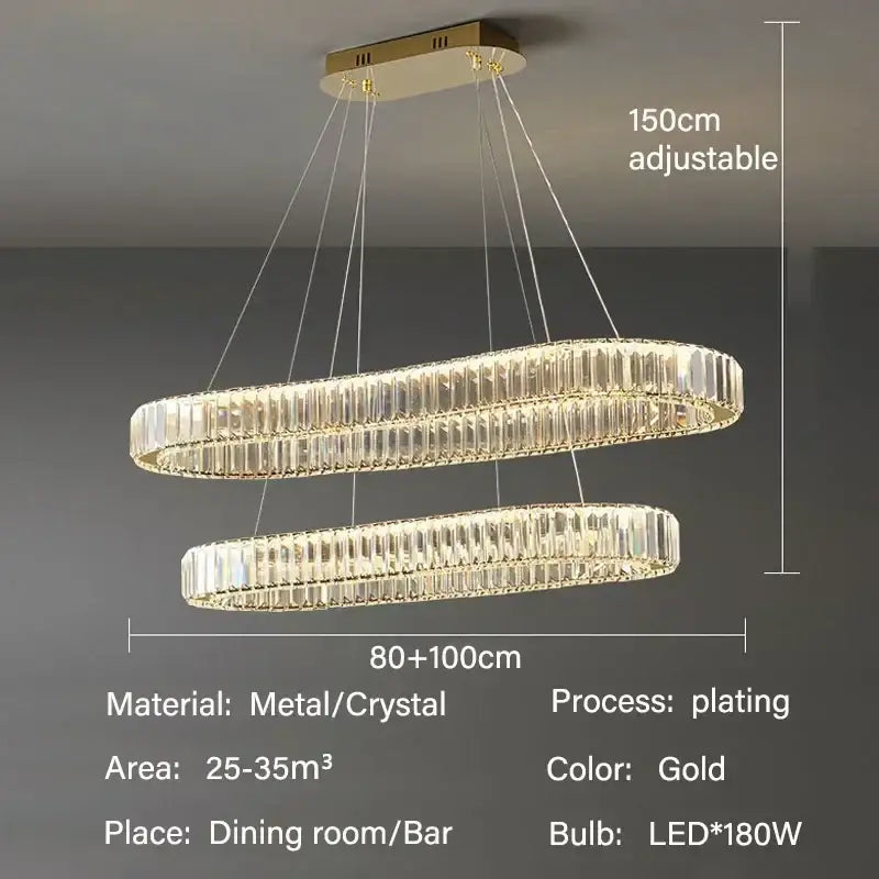 Modern gold crystal pendant chandelier with gold-plated double-ring and crystal accents, 150cm adjustable height decorbites crystal pendant