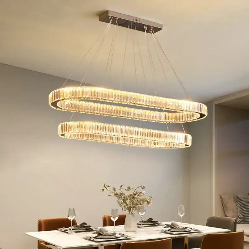 Modern gold crystal pendant chandelier with double-ring design and decorbites crystal pendant for dining room decor