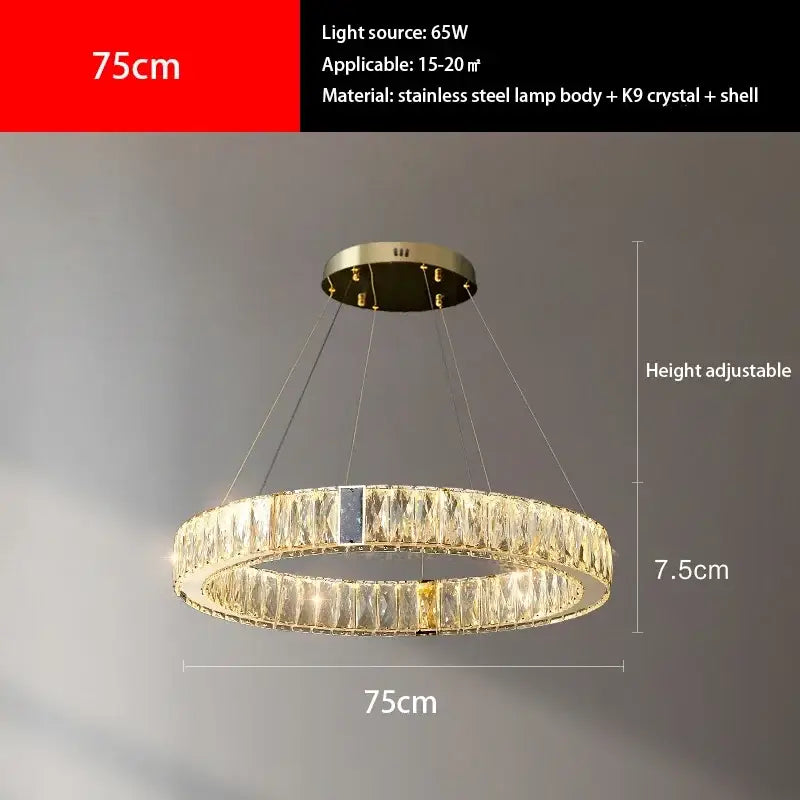 Modern gold crystal pendant chandelier led with 75cm stainless steel body k9 crystal accents and adjustable height decorbites crystal pendant