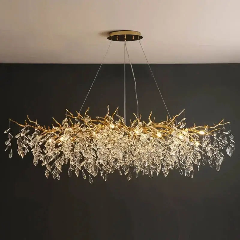 Modern gold crystal pendant chandelier with cascading clear crystal leaves for luxury living room decorbites crystal pendant