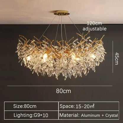 A modern gold crystal pendant chandelier with cascading aluminum and crystal leaves for luxury living room decorbites crystal pendant