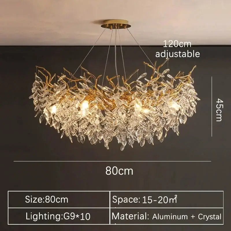 A modern gold crystal pendant chandelier with cascading aluminum and crystal leaves for luxury living room decorbites crystal pendant