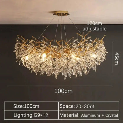 Modern gold crystal pendant chandelier with 12 g9 bulbs aluminum and crystal leaf design for luxury living room decorbites crystal pendant