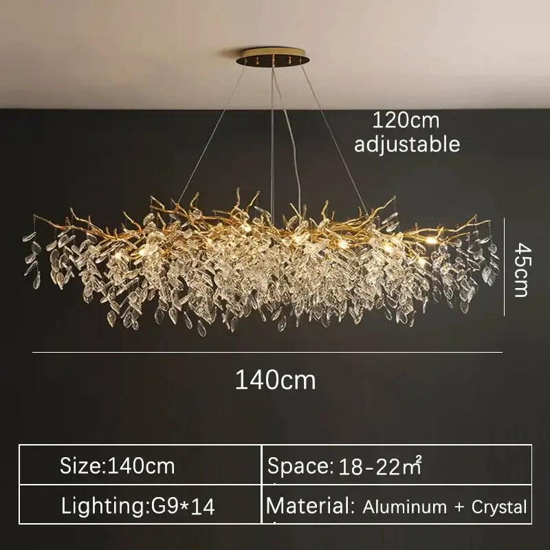 Modern gold crystal pendant chandelier with adjustable 140cm golden aluminum frame and cascading clear crystal leaves